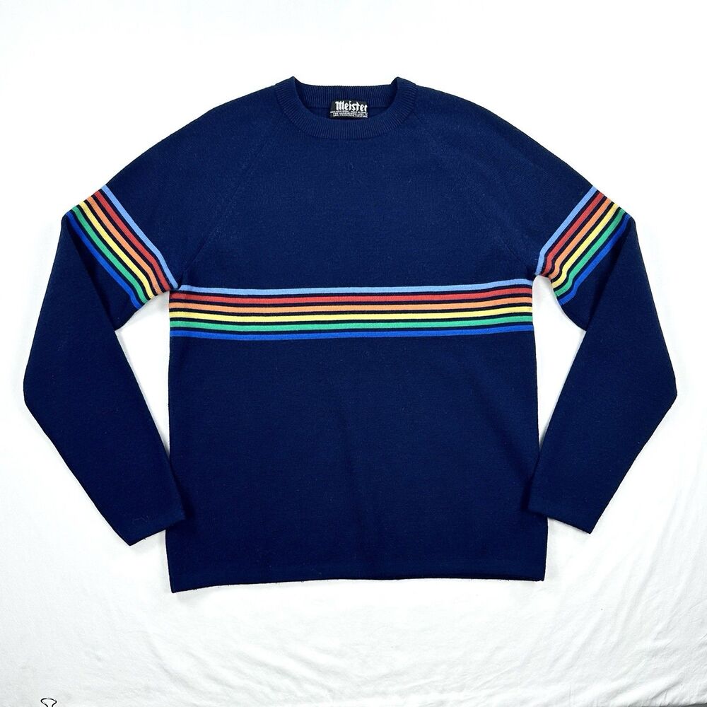 Vintage Meister Wool Ski Sweater Mens XL Navy Blue Rainbow Stripe 70s 80s Retro